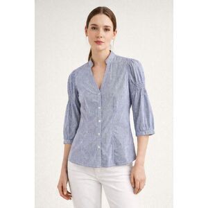 Zara Striped Blouse XS Blue White Smocked Sleeve Button Top